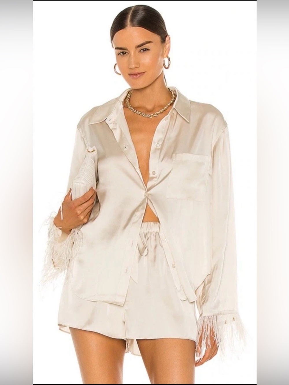 L’Academie the Michelle Blouse in Ivory Satin Feather